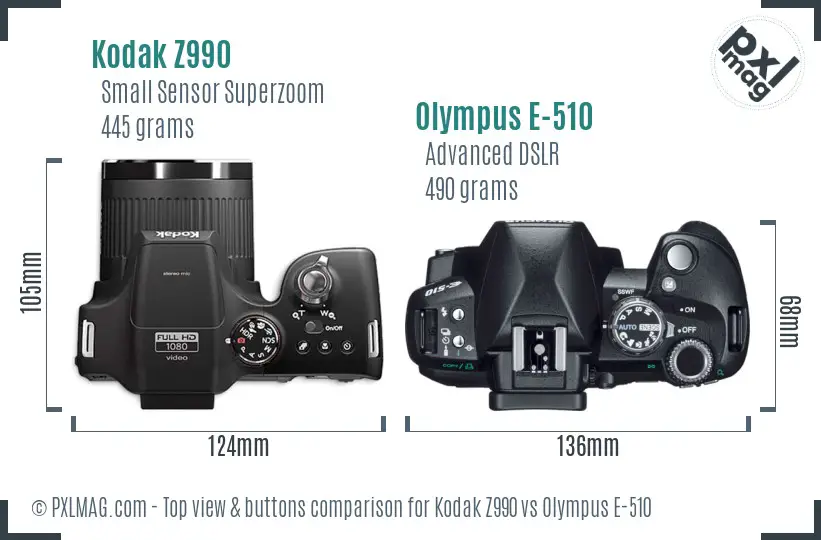 Kodak Z990 vs Olympus E-510 top view buttons comparison