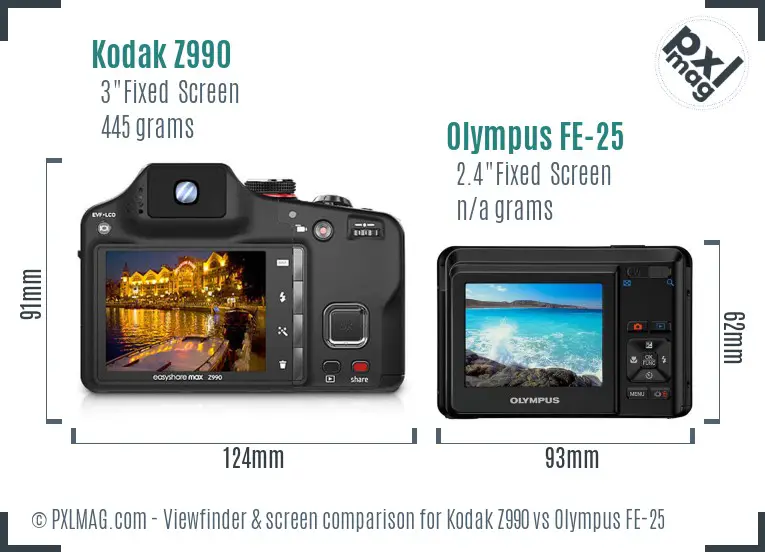 Kodak Z990 vs Olympus FE-25 Screen and Viewfinder comparison