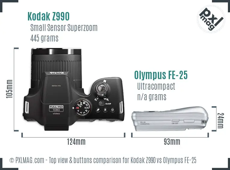 Kodak Z990 vs Olympus FE-25 top view buttons comparison