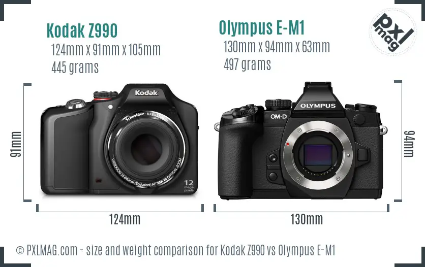 Kodak Z990 vs Olympus E-M1 size comparison