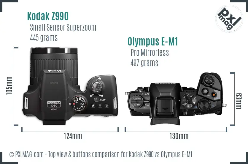Kodak Z990 vs Olympus E-M1 top view buttons comparison