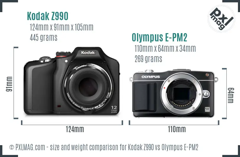 Kodak Z990 vs Olympus E-PM2 size comparison