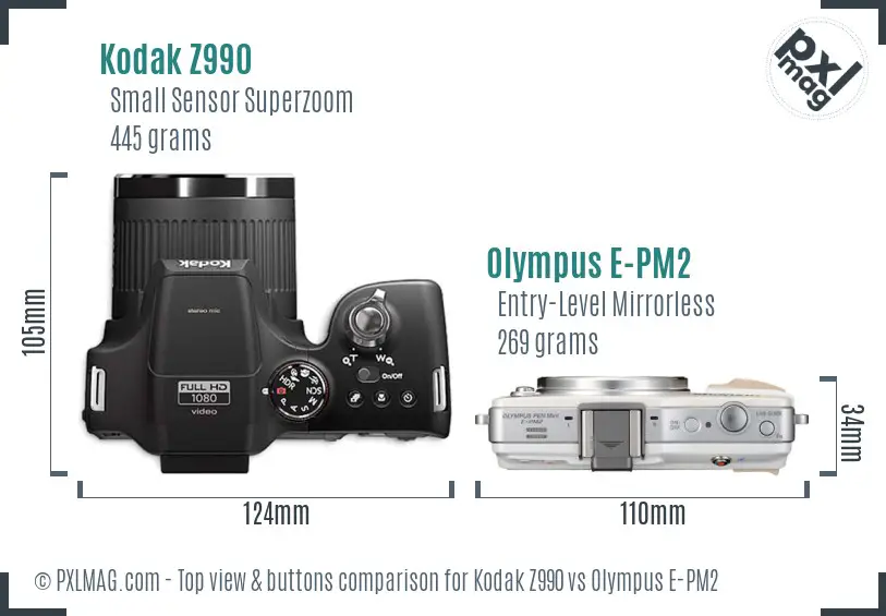 Kodak Z990 vs Olympus E-PM2 top view buttons comparison