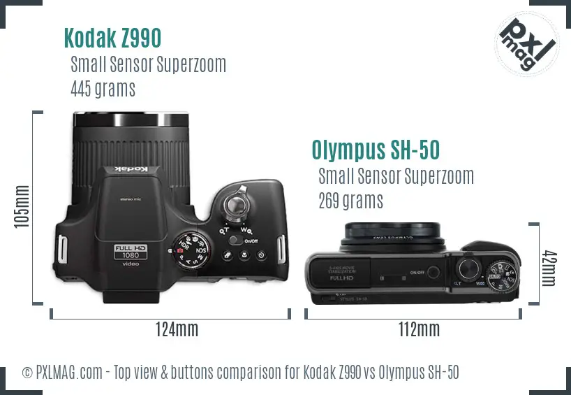 Kodak Z990 vs Olympus SH-50 top view buttons comparison