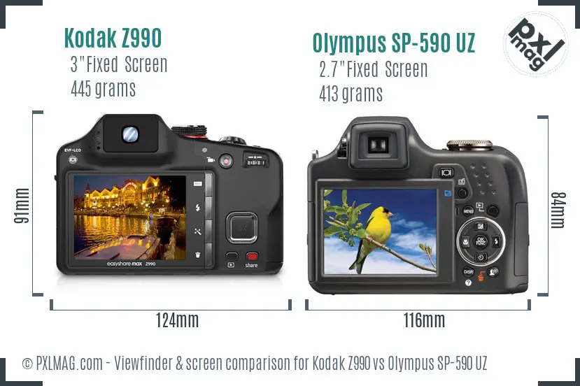 Kodak Z990 vs Olympus SP-590 UZ Screen and Viewfinder comparison