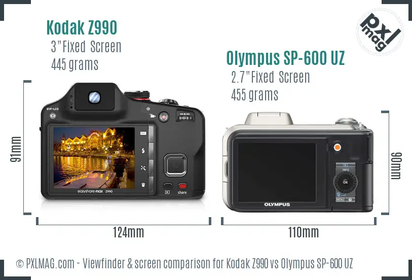 Kodak Z990 vs Olympus SP-600 UZ Screen and Viewfinder comparison
