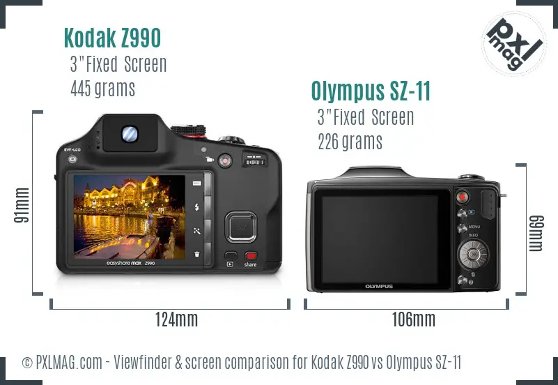 Kodak Z990 vs Olympus SZ-11 Screen and Viewfinder comparison