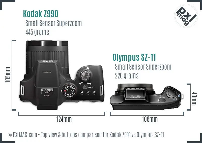 Kodak Z990 vs Olympus SZ-11 top view buttons comparison