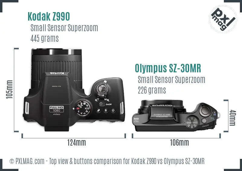 Kodak Z990 vs Olympus SZ-30MR top view buttons comparison Kodak Z990 vs Olympus SZ-30MR top view buttons comparison