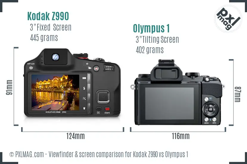 Kodak Z990 vs Olympus 1 Screen and Viewfinder comparison