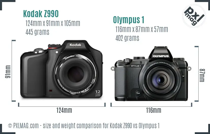 Kodak Z990 vs Olympus 1 size comparison