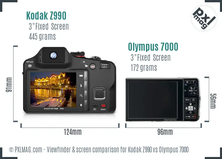 Kodak Z990 vs Olympus 7000 Screen and Viewfinder comparison