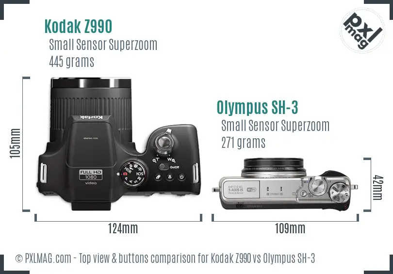Kodak Z990 vs Olympus SH-3 top view buttons comparison Kodak Z990 vs Olympus SH-3 top view buttons comparison