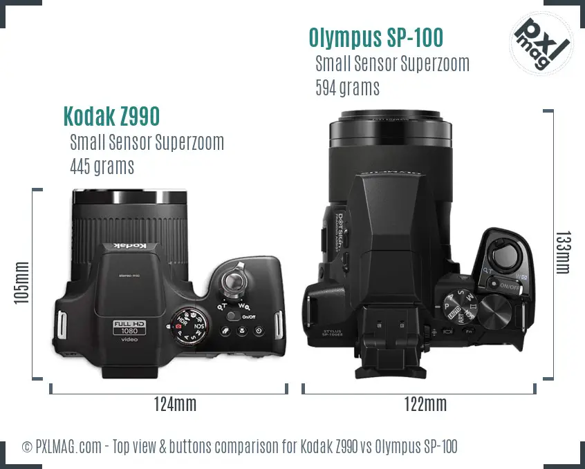 Kodak Z990 vs Olympus SP-100 top view buttons comparison Kodak Z990 vs Olympus SP-100 top view buttons comparison