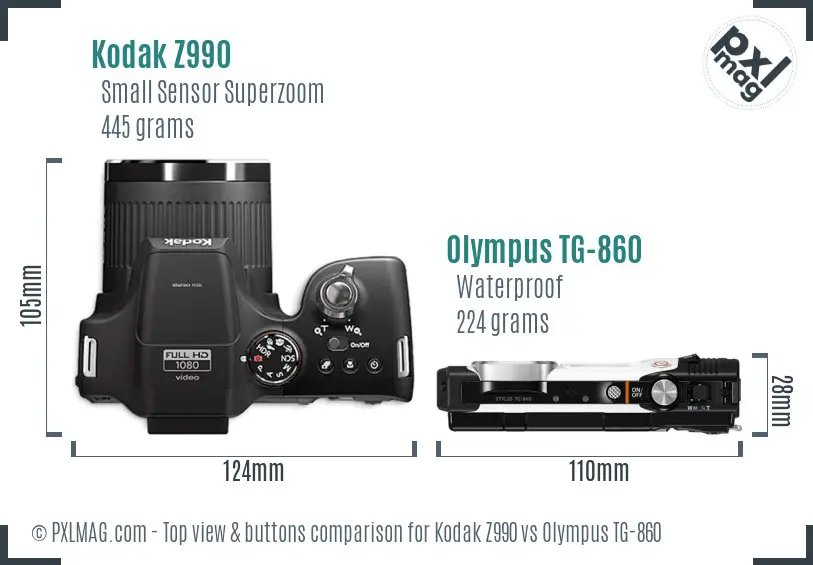 Kodak Z990 vs Olympus TG-860 top view buttons comparison