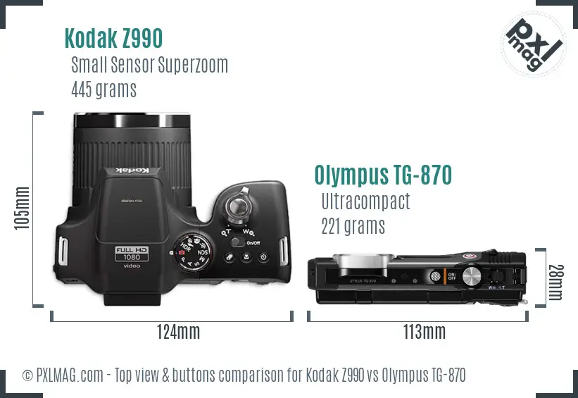 Kodak Z990 vs Olympus TG-870 top view buttons comparison