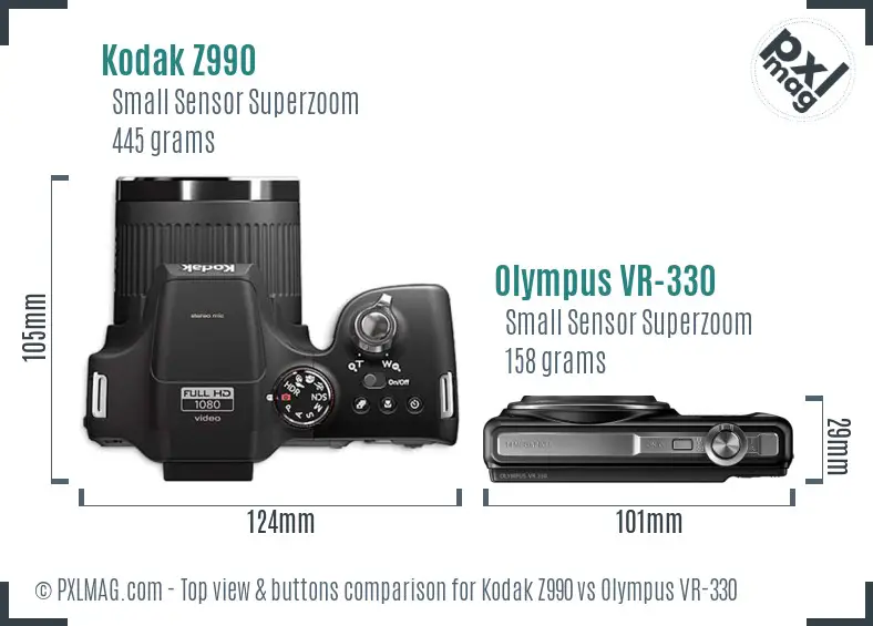 Kodak Z990 vs Olympus VR-330 top view buttons comparison