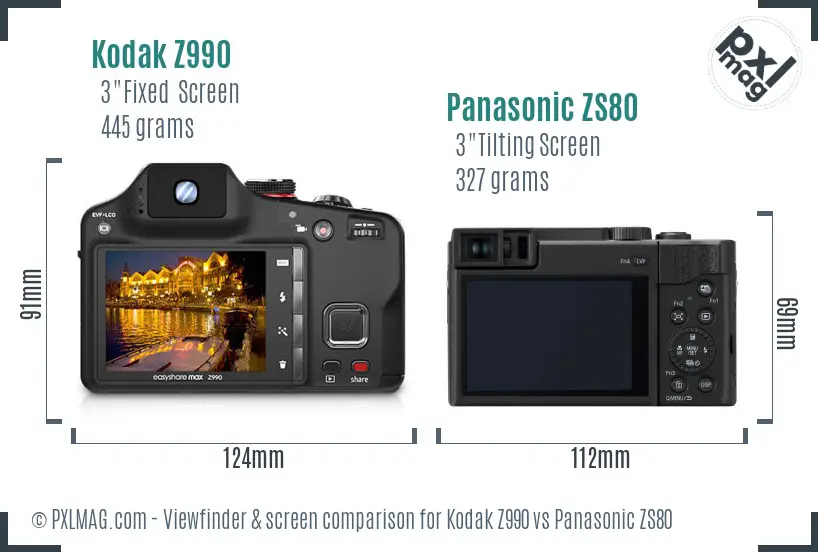 Kodak Z990 vs Panasonic ZS80 Screen and Viewfinder comparison