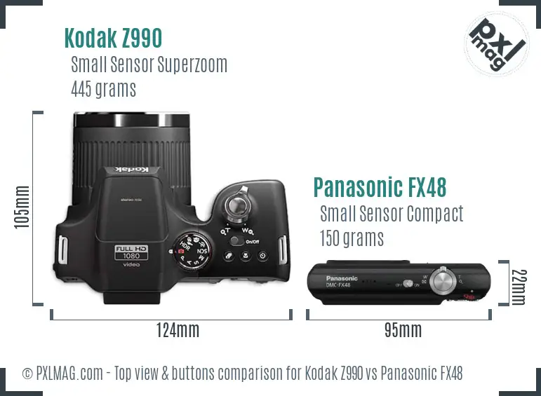 Kodak Z990 vs Panasonic FX48 top view buttons comparison