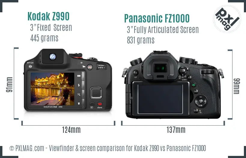 Kodak Z990 vs Panasonic FZ1000 Screen and Viewfinder comparison