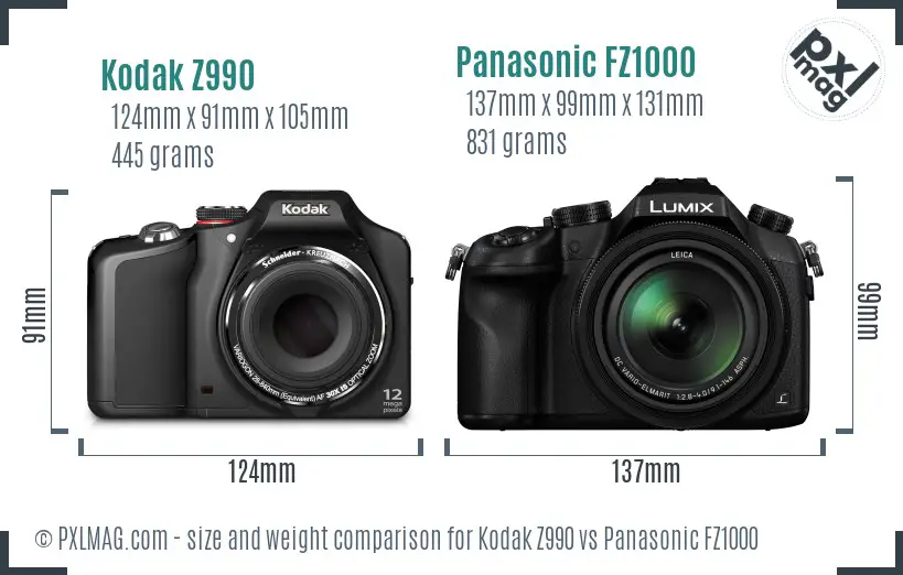 Kodak Z990 vs Panasonic FZ1000 size comparison
