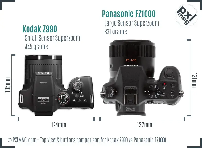 Kodak Z990 vs Panasonic FZ1000 top view buttons comparison