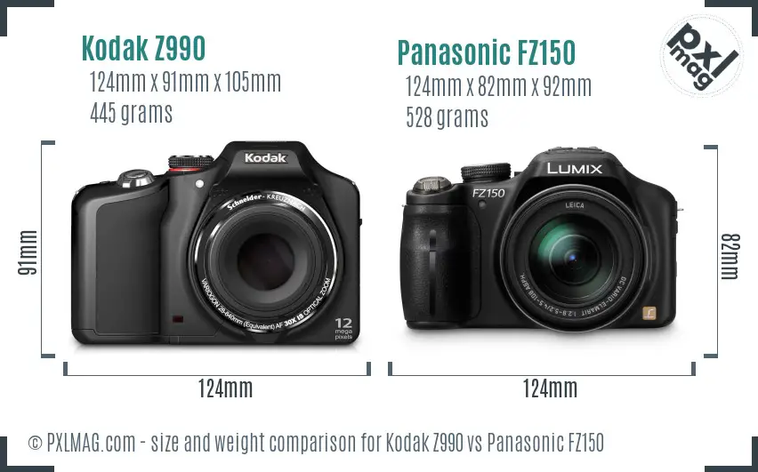 Kodak Z990 vs Panasonic FZ150 size comparison