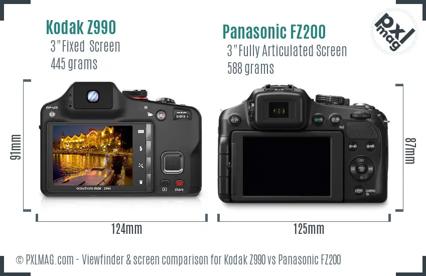 Kodak Z990 vs Panasonic FZ200 Screen and Viewfinder comparison
