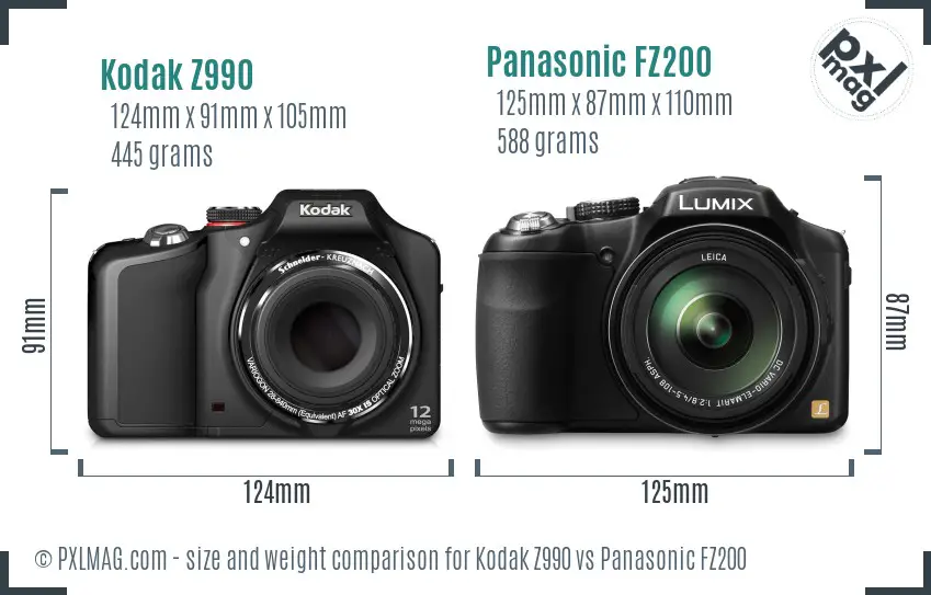 Kodak Z990 vs Panasonic FZ200 size comparison