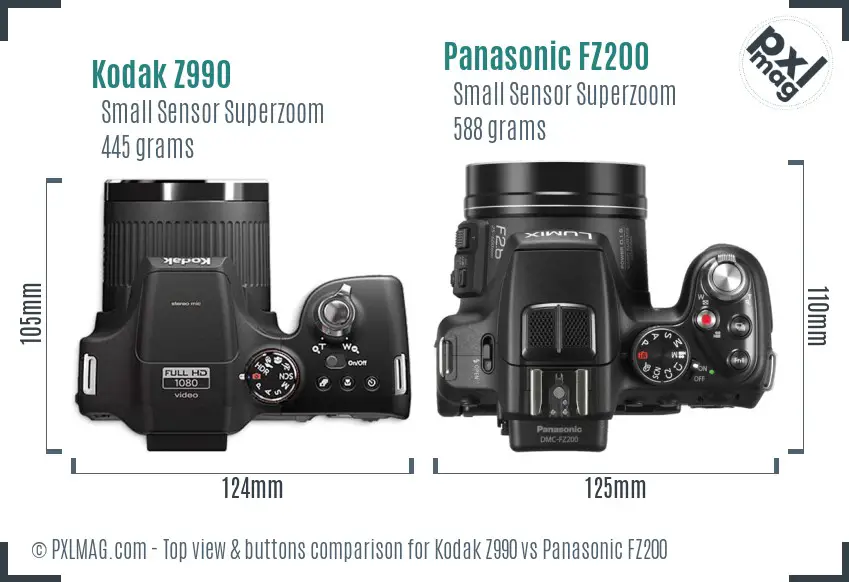 Kodak Z990 vs Panasonic FZ200 top view buttons comparison