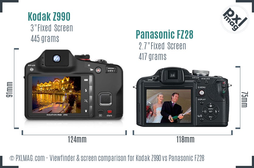 Kodak Z990 vs Panasonic FZ28 Screen and Viewfinder comparison