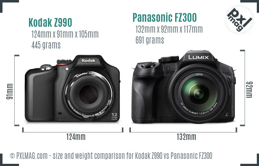 Kodak Z990 vs Panasonic FZ300 size comparison