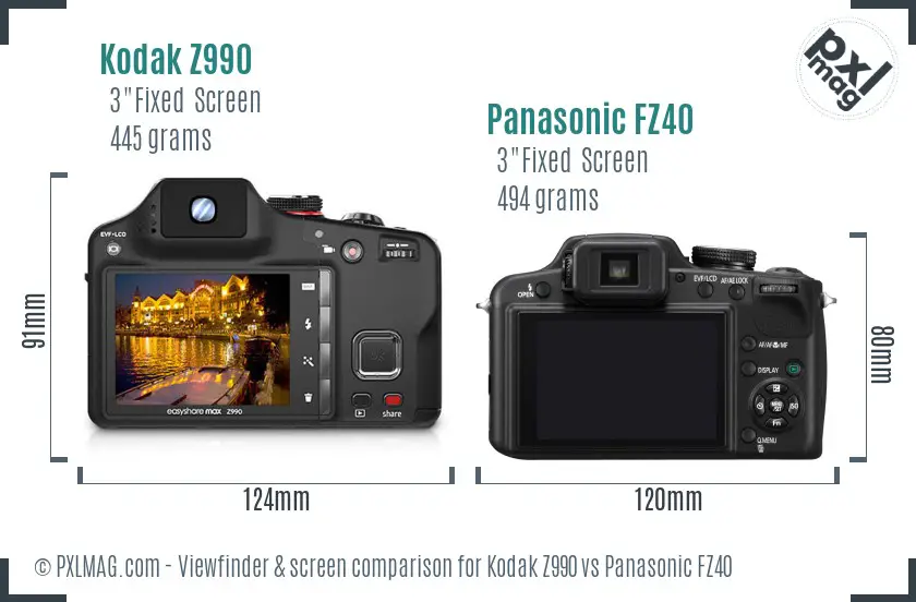 Kodak Z990 vs Panasonic FZ40 Screen and Viewfinder comparison