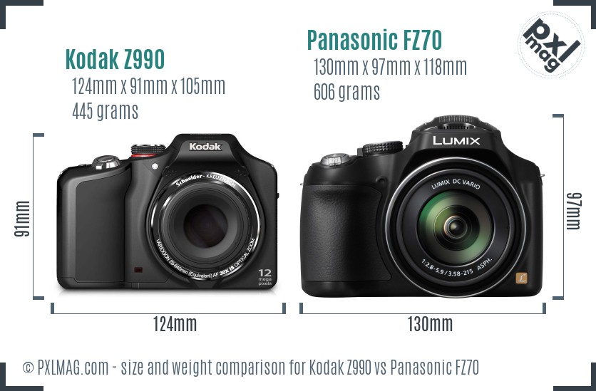Kodak Z990 vs Panasonic FZ70 size comparison