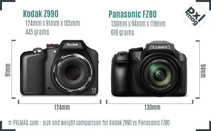 Kodak Z990 vs Panasonic FZ80 size comparison