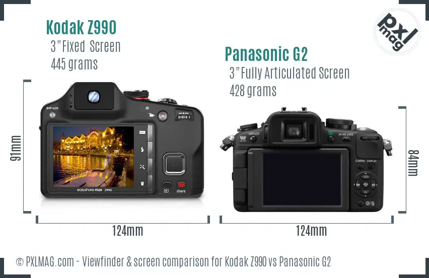 Kodak Z990 vs Panasonic G2 Screen and Viewfinder comparison