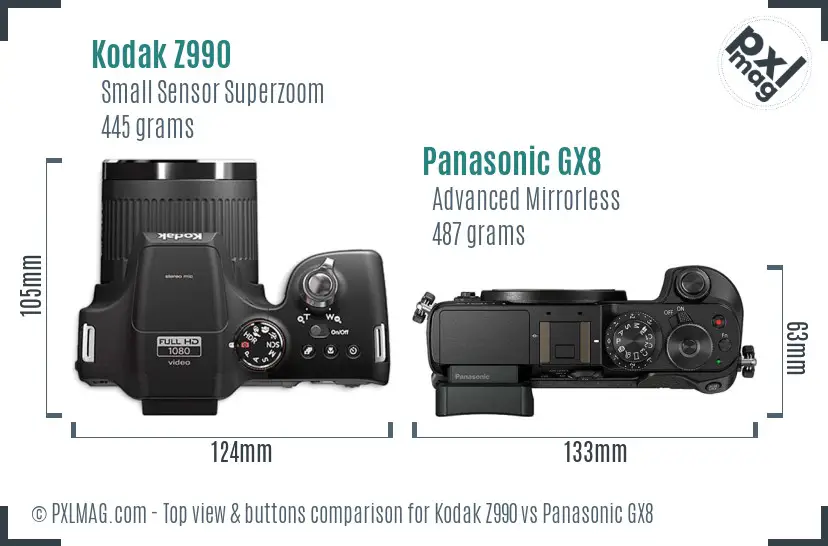 Kodak Z990 vs Panasonic GX8 top view buttons comparison