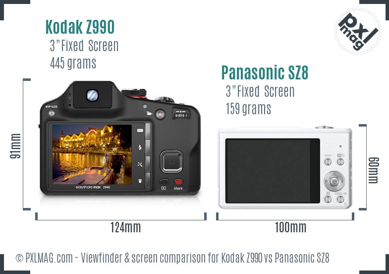 Kodak Z990 vs Panasonic SZ8 Screen and Viewfinder comparison