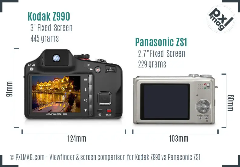 Kodak Z990 vs Panasonic ZS1 Screen and Viewfinder comparison