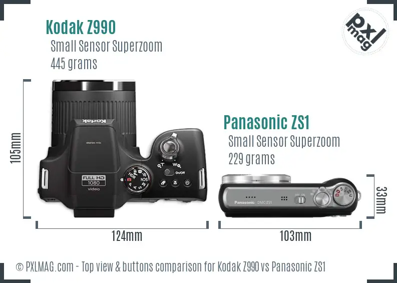 Kodak Z990 vs Panasonic ZS1 top view buttons comparison
