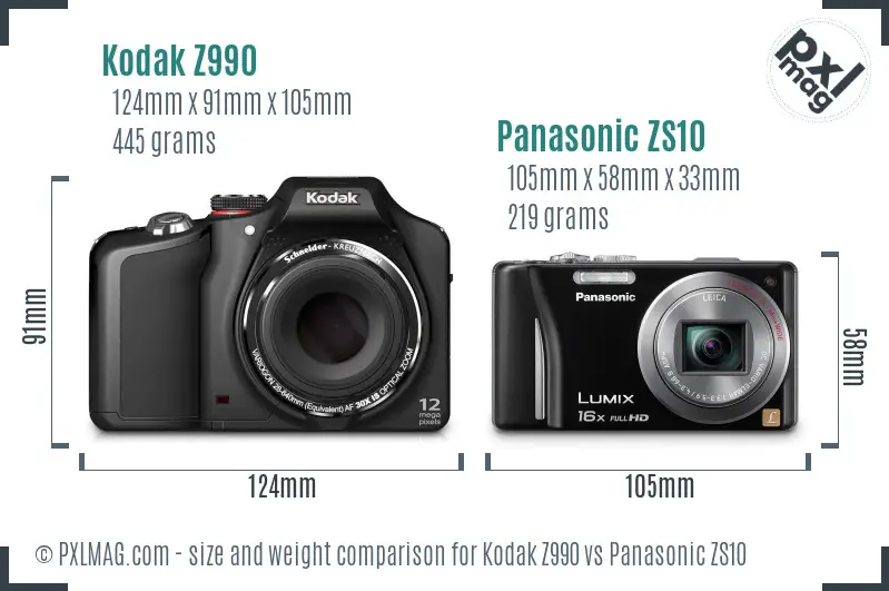 Kodak Z990 vs Panasonic ZS10 size comparison