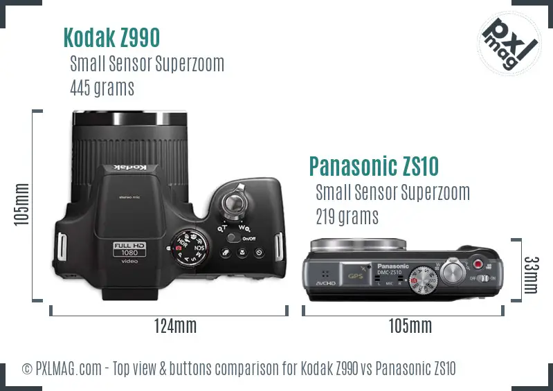 Kodak Z990 vs Panasonic ZS10 top view buttons comparison