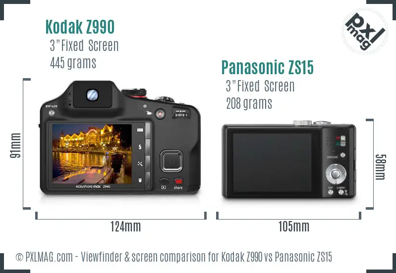 Kodak Z990 vs Panasonic ZS15 Screen and Viewfinder comparison