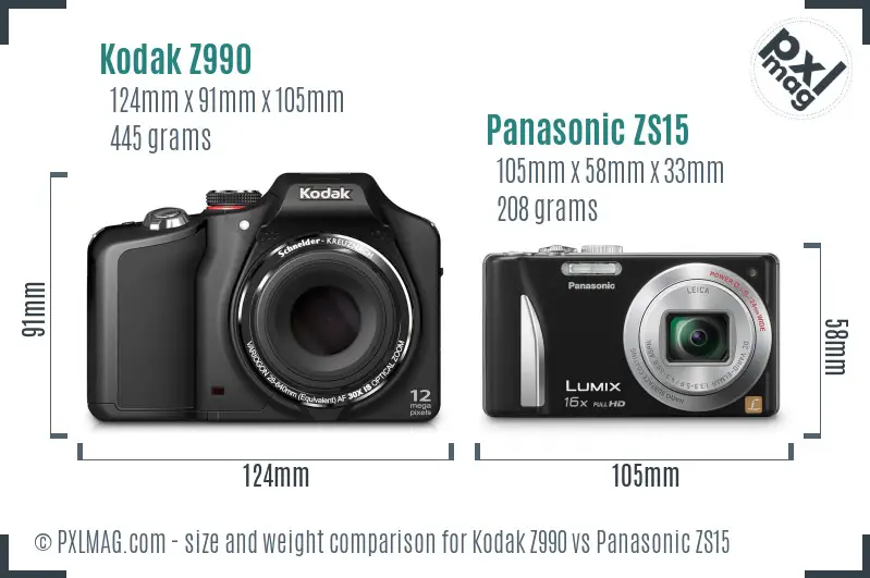 Kodak Z990 vs Panasonic ZS15 size comparison