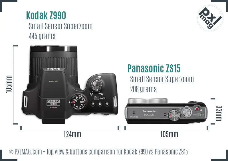 Kodak Z990 vs Panasonic ZS15 top view buttons comparison