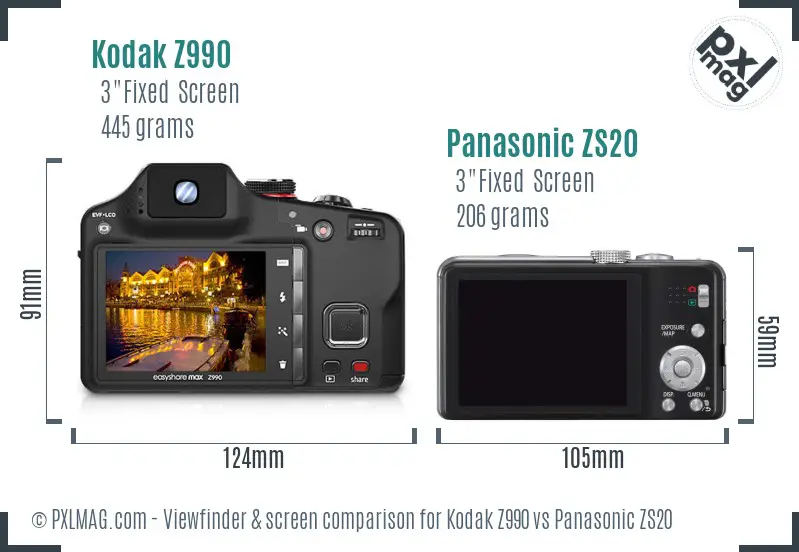 Kodak Z990 vs Panasonic ZS20 Screen and Viewfinder comparison