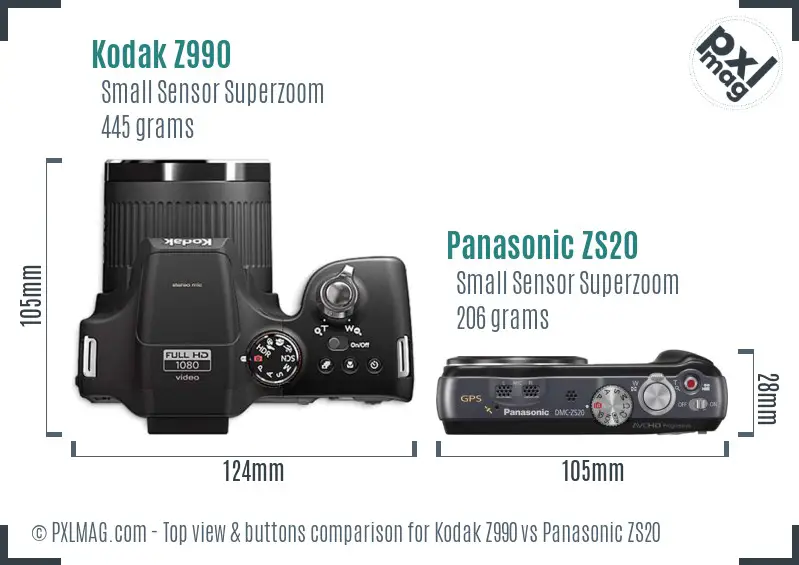 Kodak Z990 vs Panasonic ZS20 top view buttons comparison