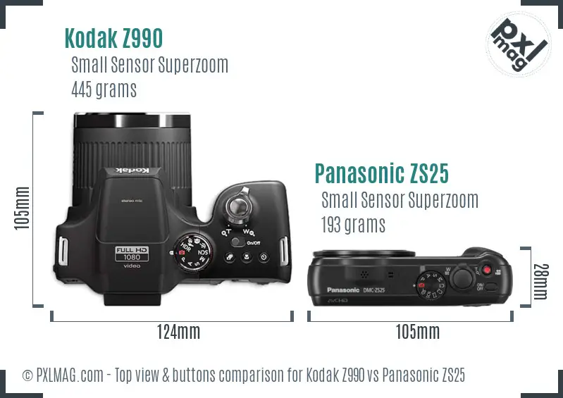 Kodak Z990 vs Panasonic ZS25 top view buttons comparison Kodak Z990 vs Panasonic ZS25 top view buttons comparison