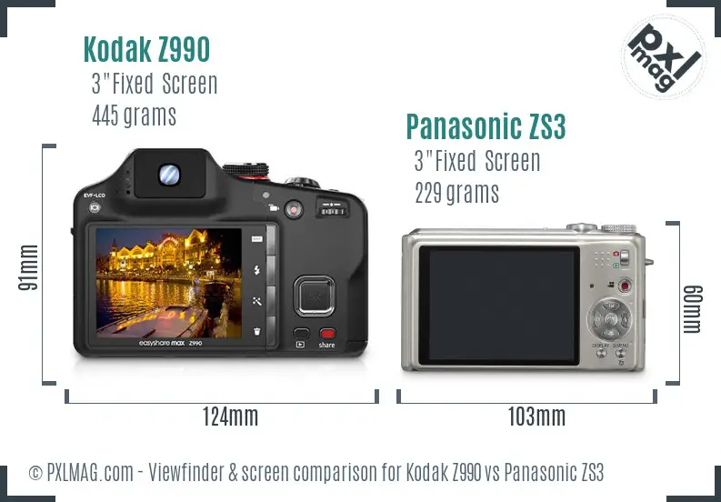 Kodak Z990 vs Panasonic ZS3 Screen and Viewfinder comparison