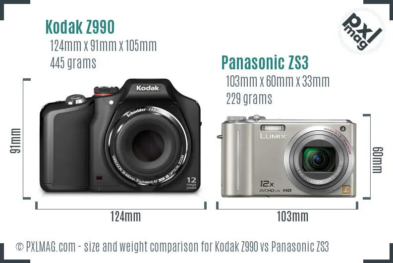 Kodak Z990 vs Panasonic ZS3 size comparison